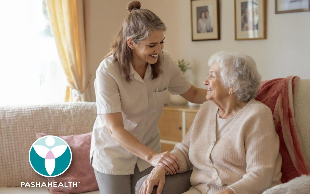 A Pasha Health caregiver assists an elderly women with Alzheimer’s Disease in her home.