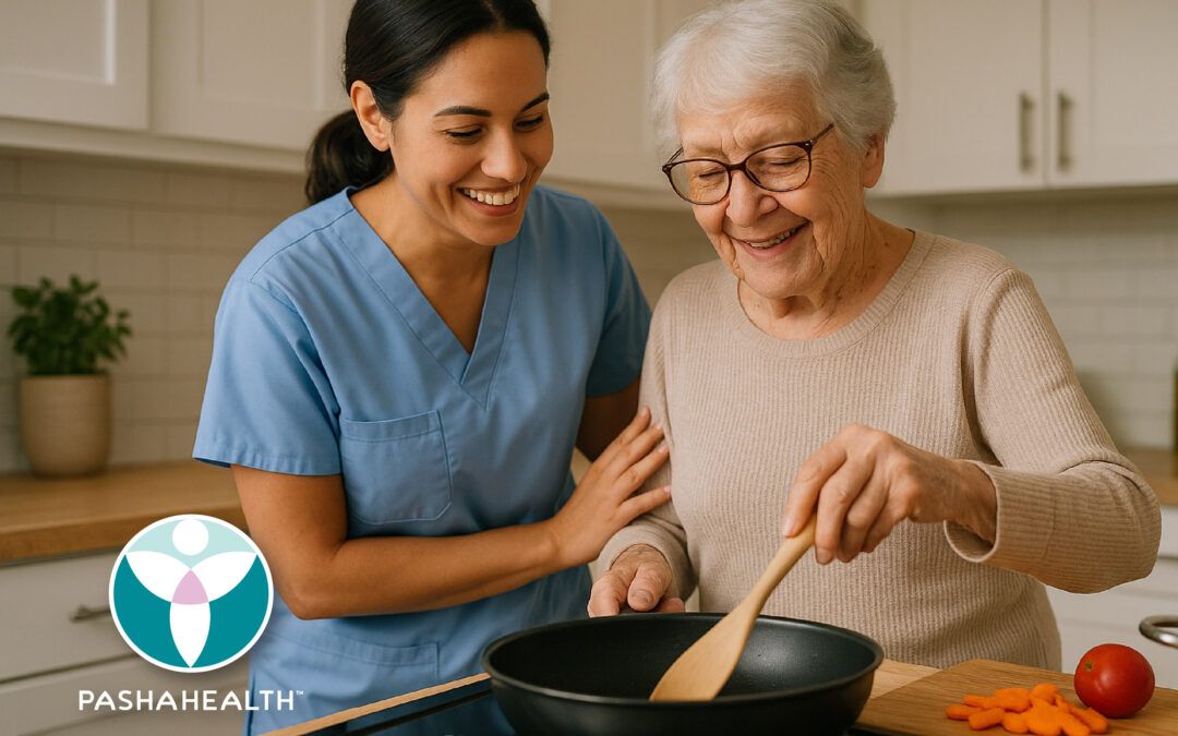 Care Giver providing cooking assistance to client.