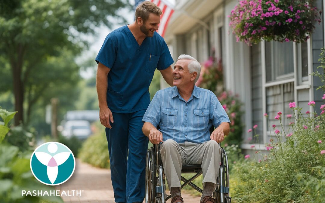 Caregiver walking with a man in a wheelchair.