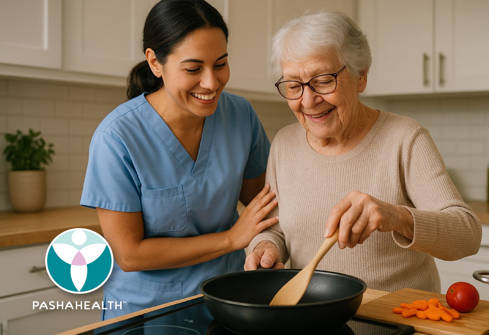 Caregiver providing cooking assistance to a senior client in her kitchen
