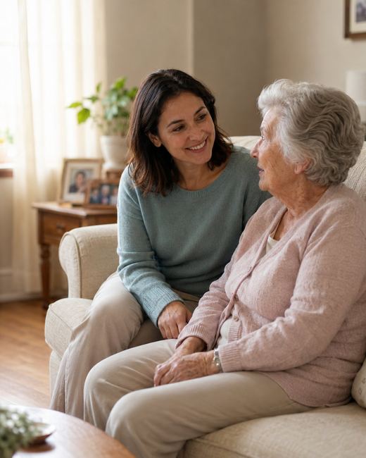 Pasha Health caregiver in conversation with a senior client in a warm home setting