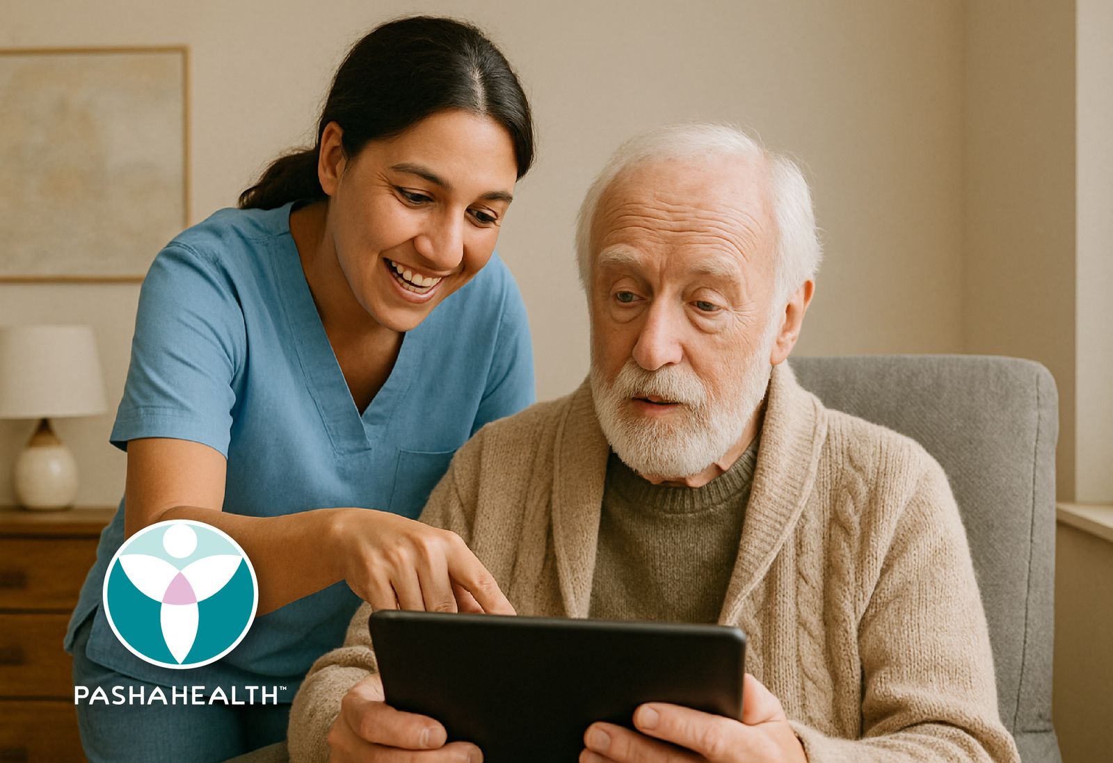 A caregiver helping an elderly man use a tablet at home