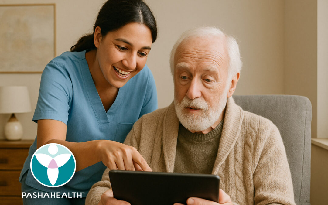 A Care Giver providing help with technology to an elderly person.